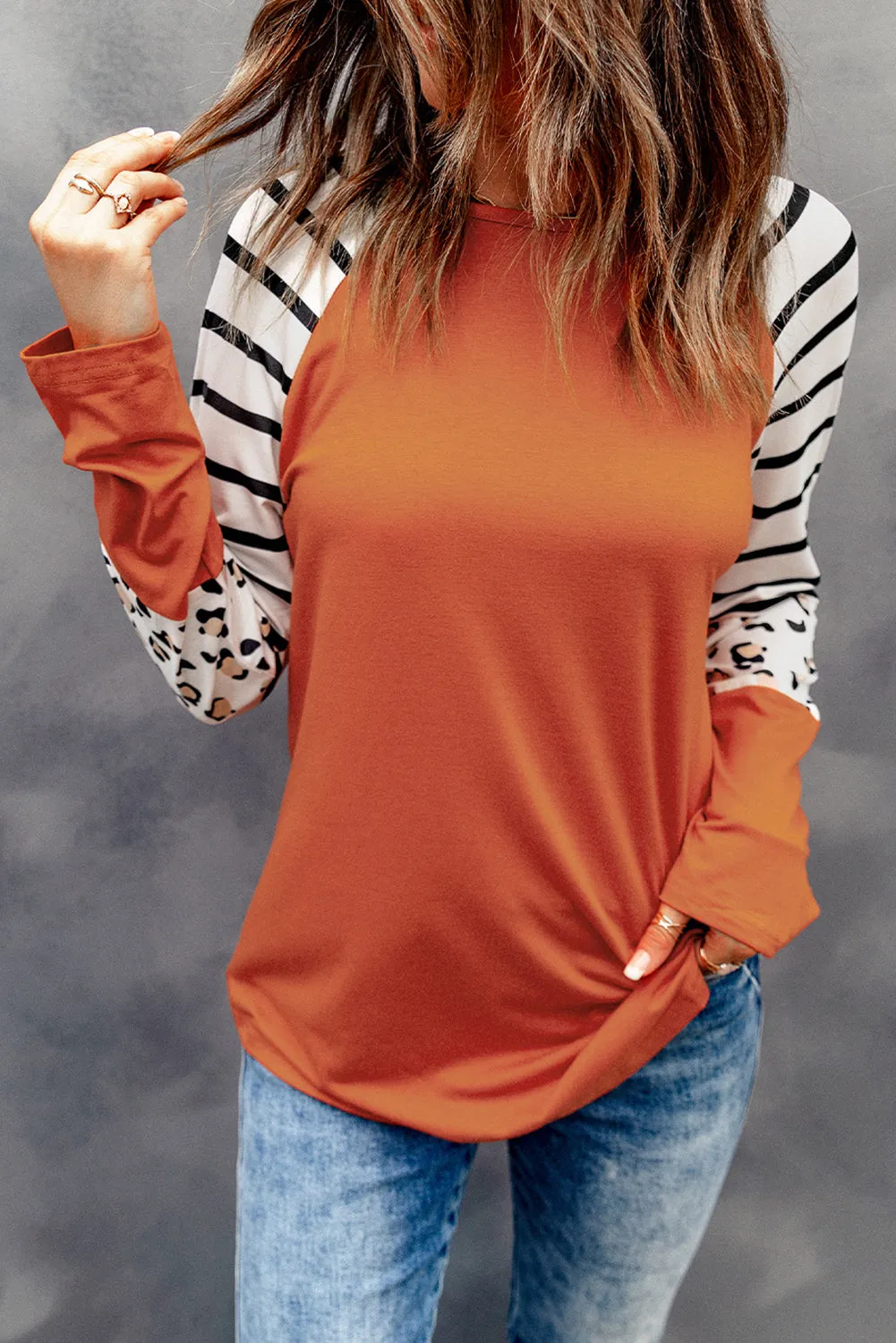 Black Striped Animal Print Colorblock Long Sleeve Top