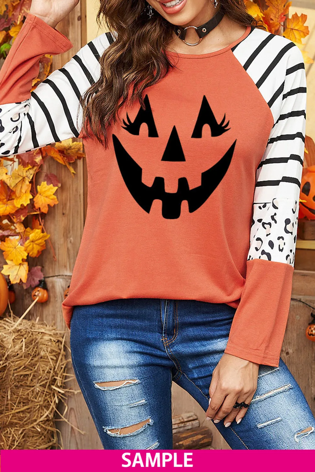 Black Striped Animal Print Colorblock Long Sleeve Top