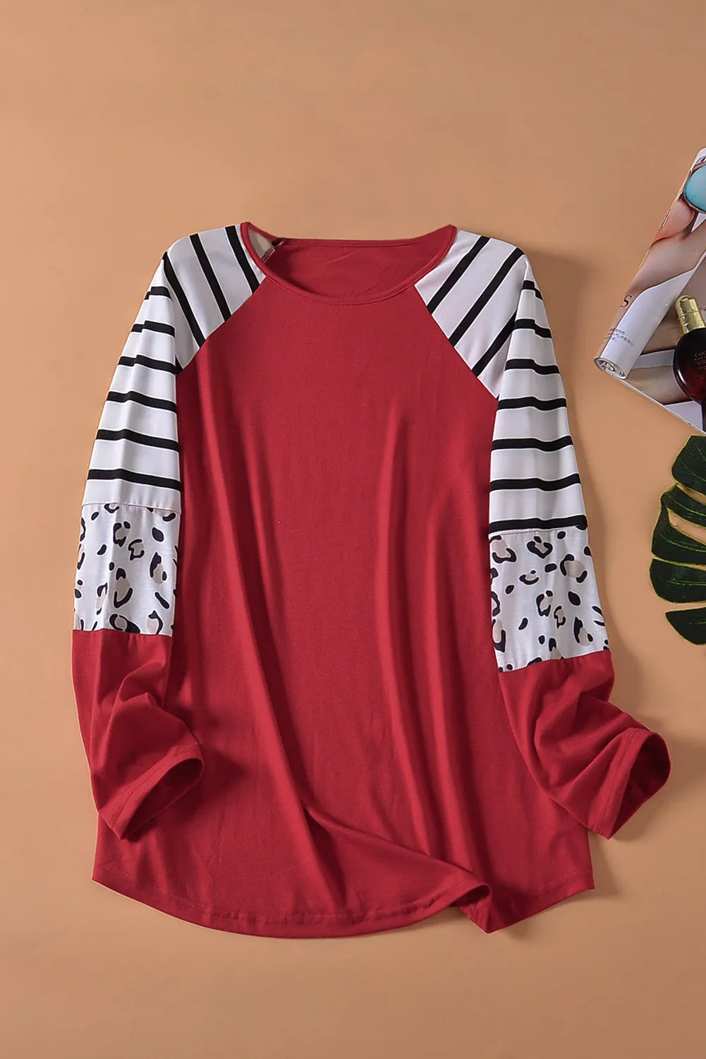 Black Striped Animal Print Colorblock Long Sleeve Top