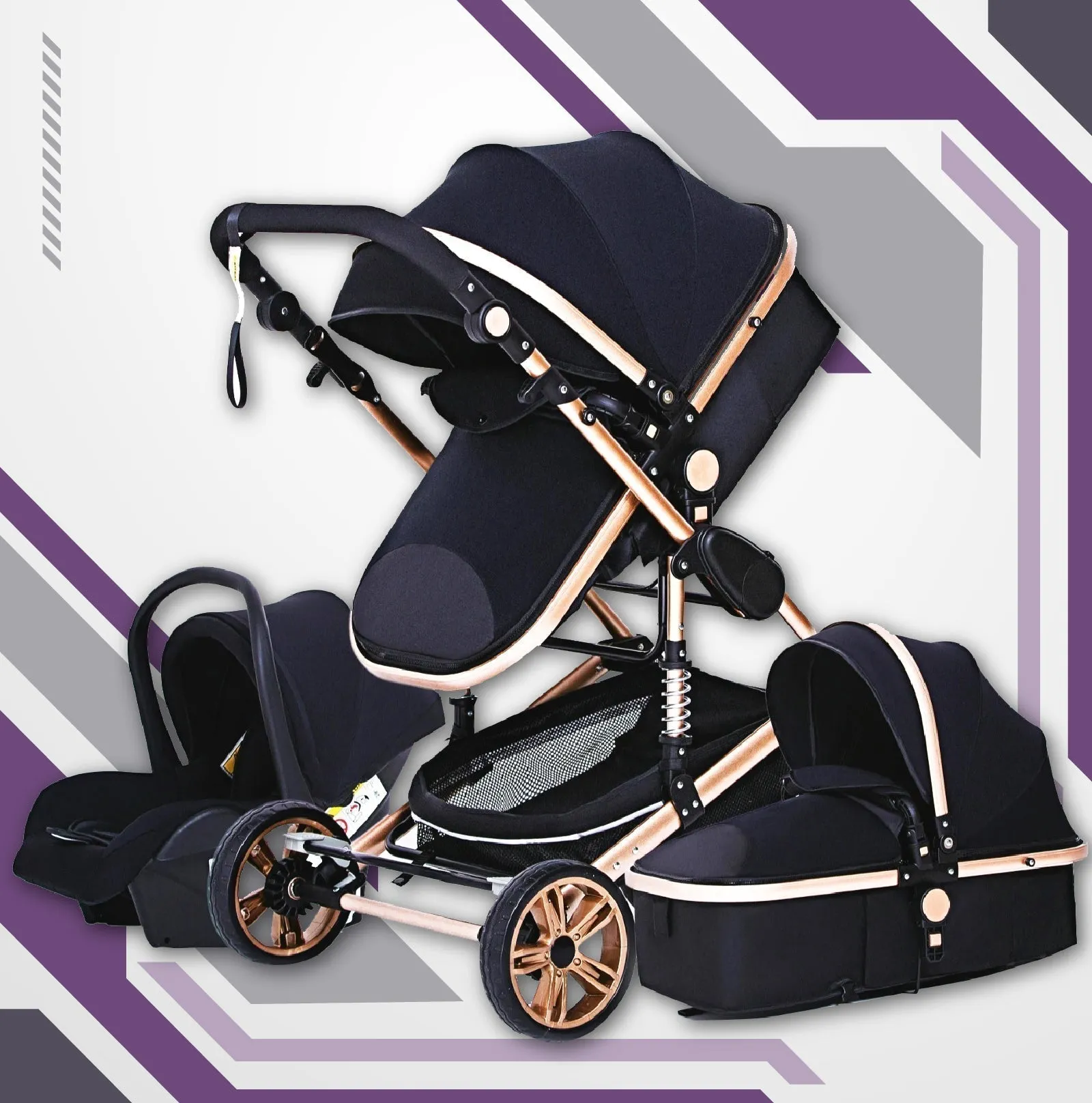 Black/Gold 3-in-1 Baby Stroller Luxury & Car Seat