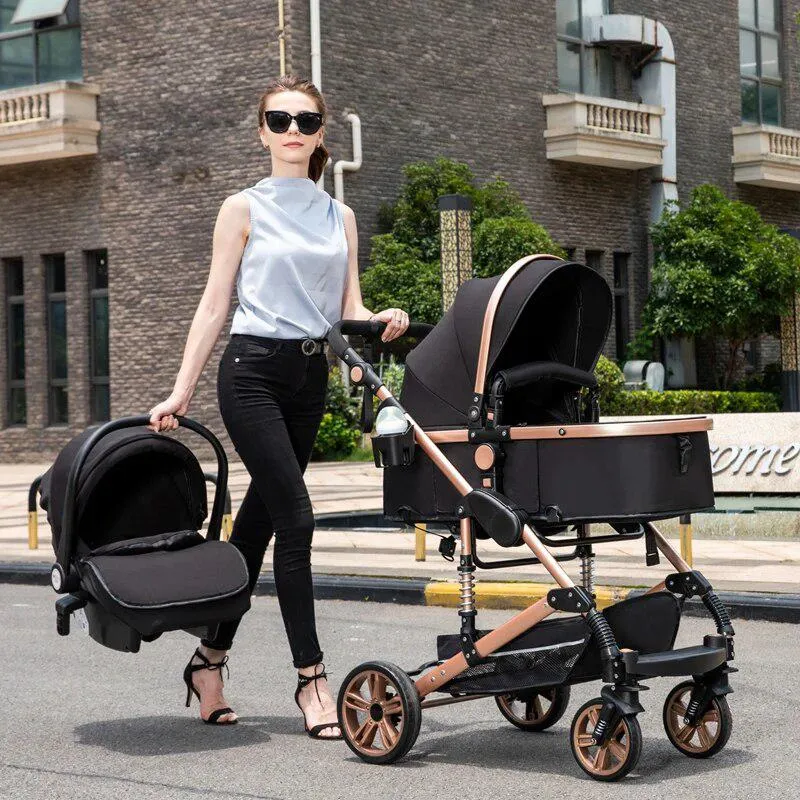 Black/Gold 3-in-1 Baby Stroller Luxury & Car Seat