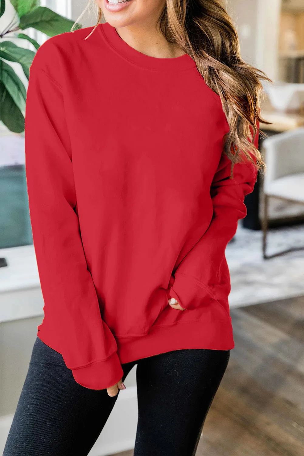 Blank Apparel - Red Plain Crew Neck Pullover Sweatshirt
