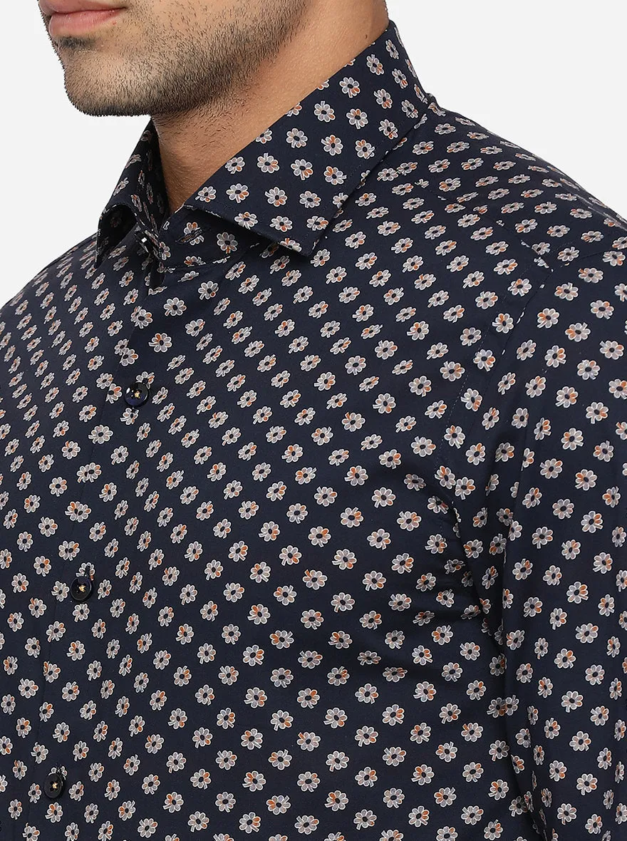 Blue & Grey Printed Slim Fit Party Wear Shirt | JB Studio