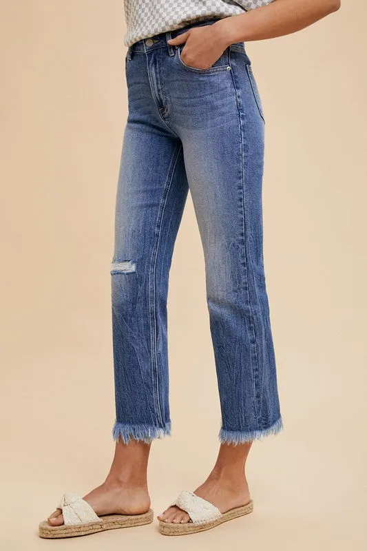 Blue Distressed Raw Hem Straight Leg Cropped Jeans