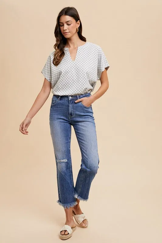 Blue Distressed Raw Hem Straight Leg Cropped Jeans