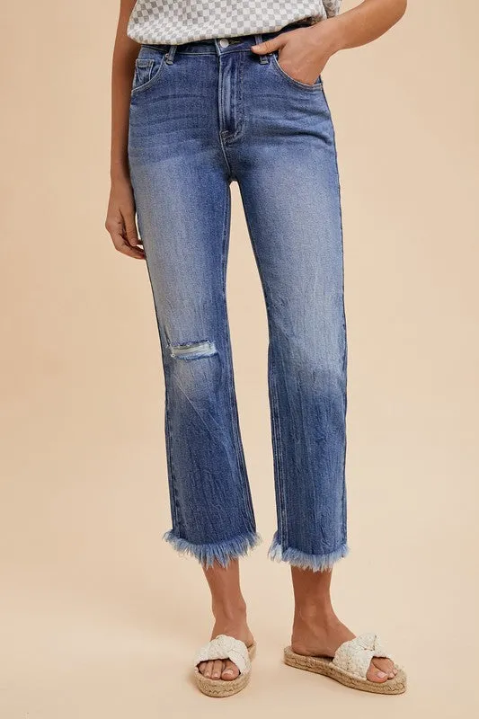 Blue Distressed Raw Hem Straight Leg Cropped Jeans