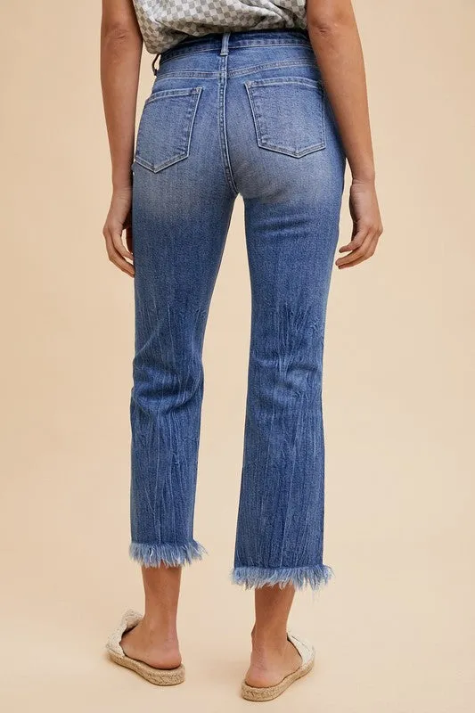 Blue Distressed Raw Hem Straight Leg Cropped Jeans