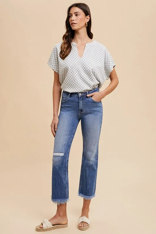 Blue Distressed Raw Hem Straight Leg Cropped Jeans