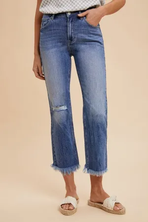 Blue Distressed Raw Hem Straight Leg Cropped Jeans