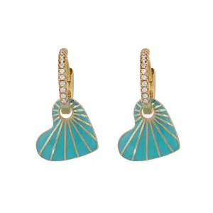 Blue Enamel Heart Diamond Hoop Gold Earrings