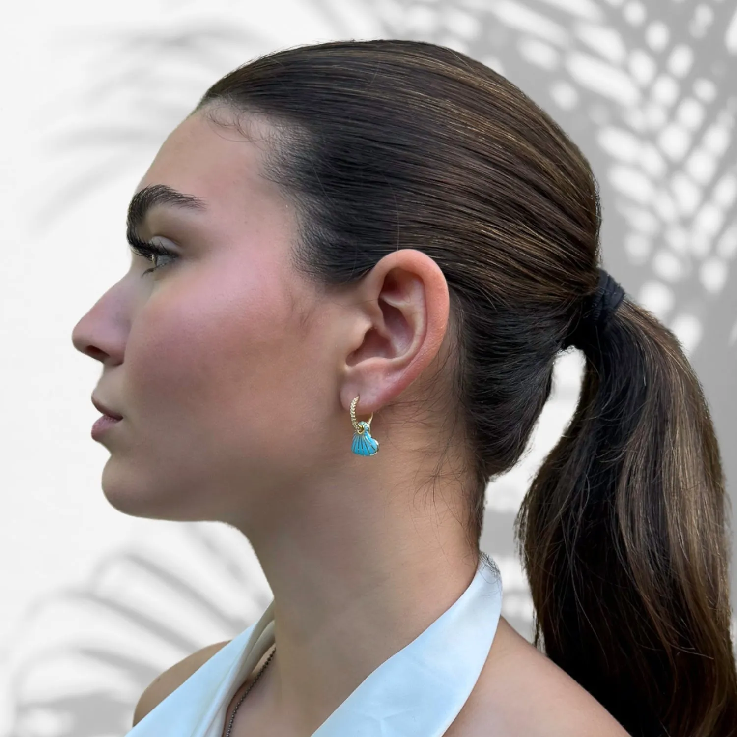 Blue Enamel Heart Diamond Hoop Gold Earrings