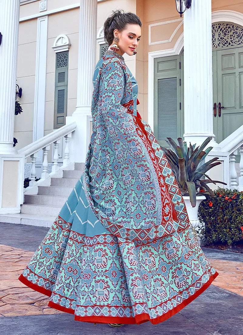 Blue Multi Colour Printed Cotton Silk Anarkali Suit