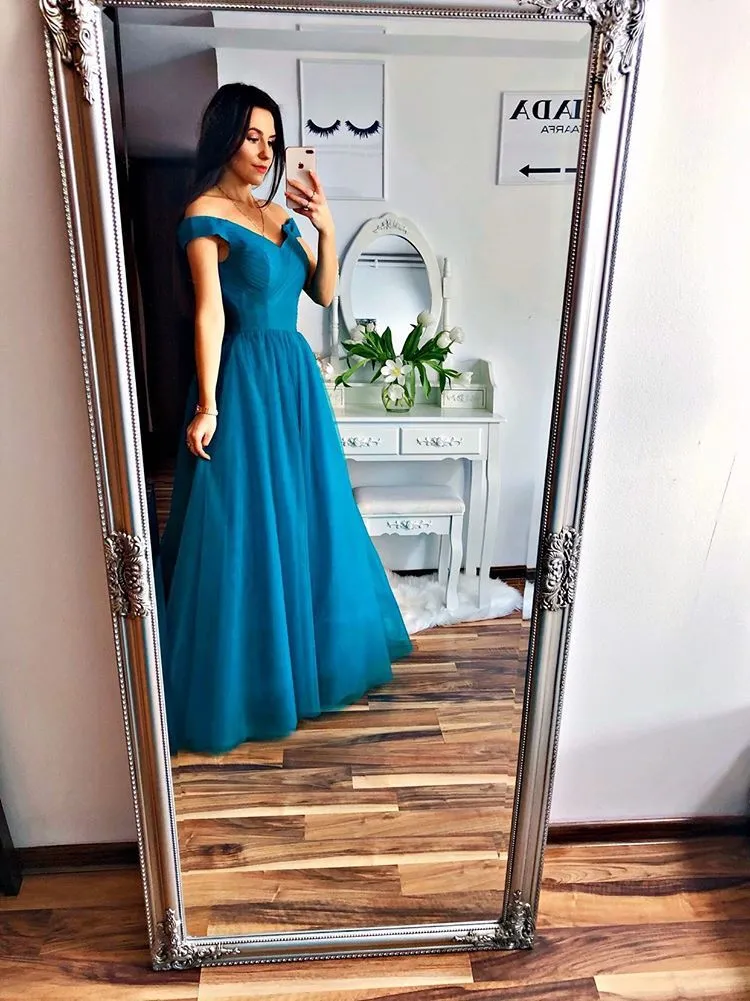 Blue Off Shoulder Tulle Handmade Prom Dress, A-line Party Dress