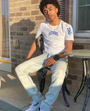 Blue SA Curve | White Tee (Solid Checkered Drippin Sleeve)