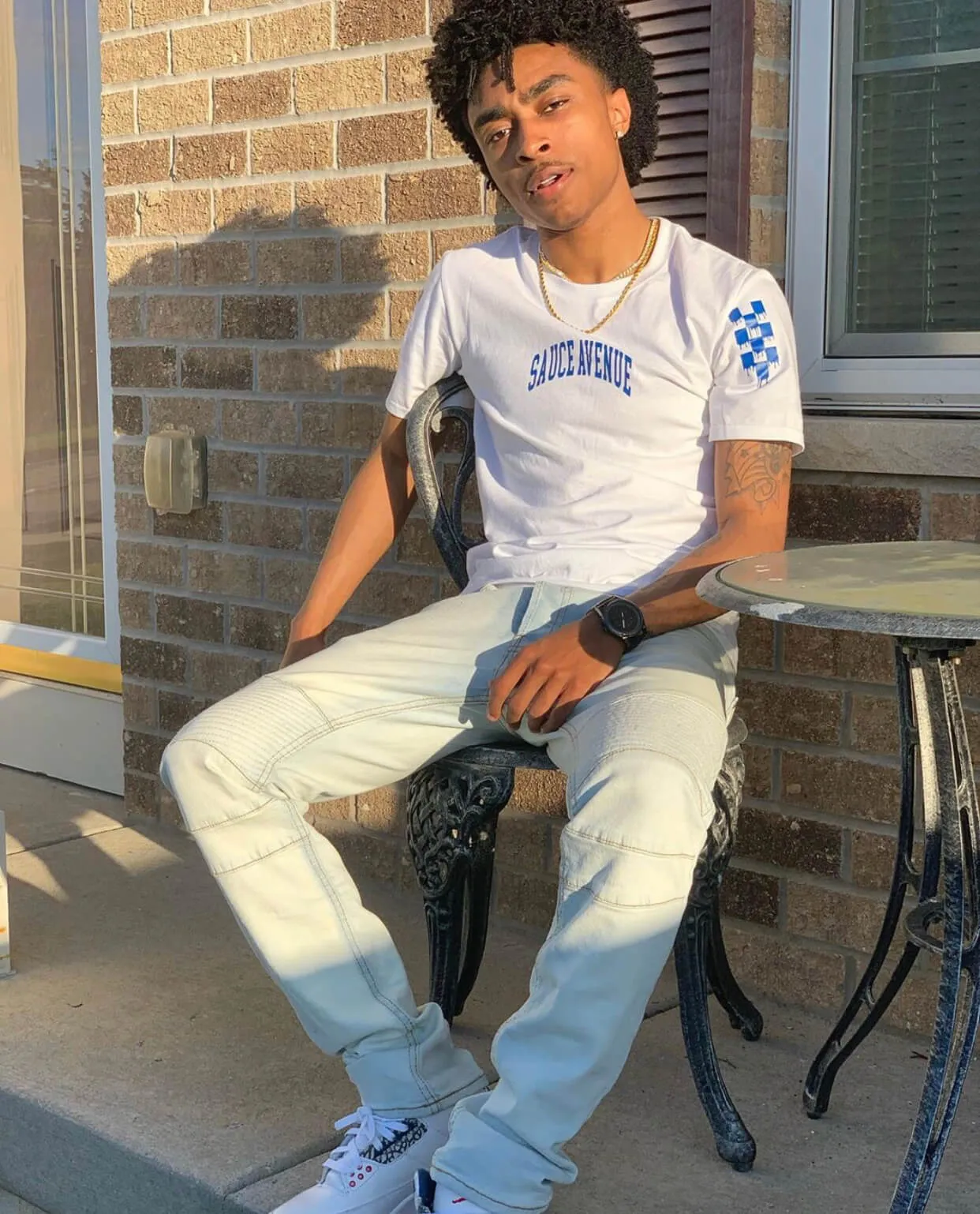Blue SA Curve | White Tee (Solid Checkered Drippin Sleeve)
