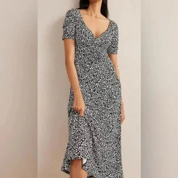 Boden Ruched Front Jersey Midi Dress Size 8 Petite Black Sunflower Pop Stretch
