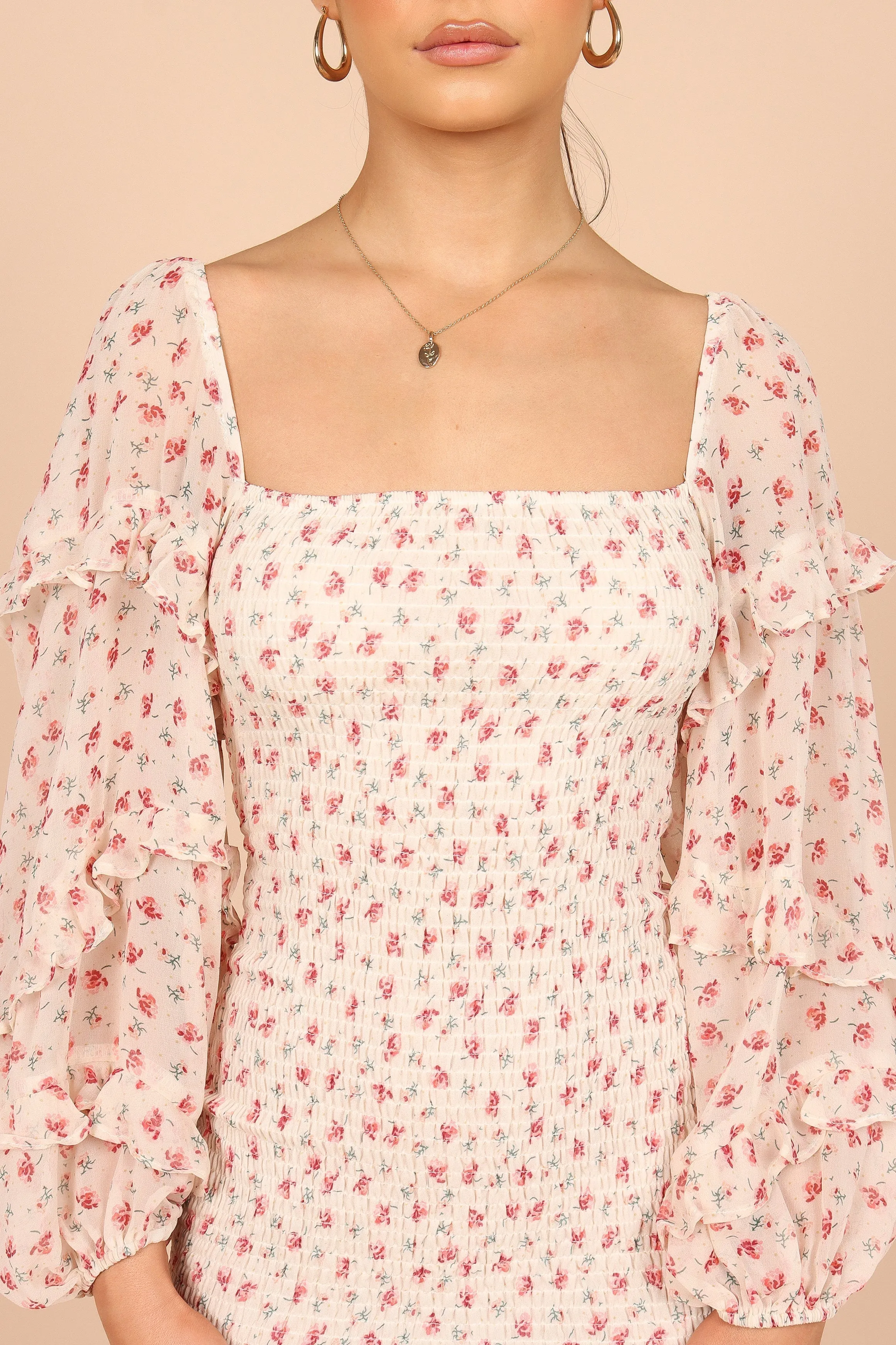 Bonita Shirred Frill Long Sleeve Bodycon Midi Dress - Cream Floral