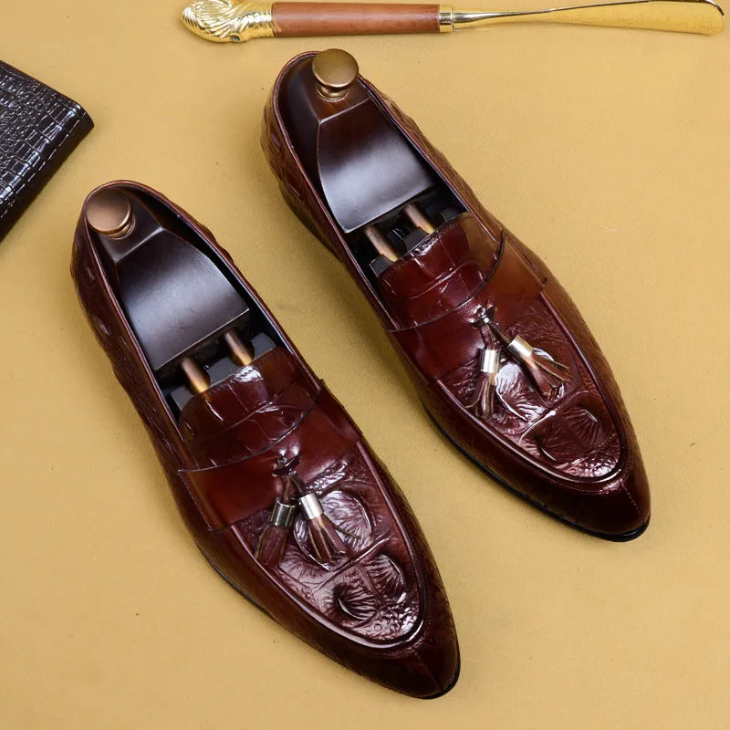 British Pointed Leather Shoes Men's Genuine Leather Crocodile Pattern Tassel Business Casual Men's Office Shoes Men's Shoes25826