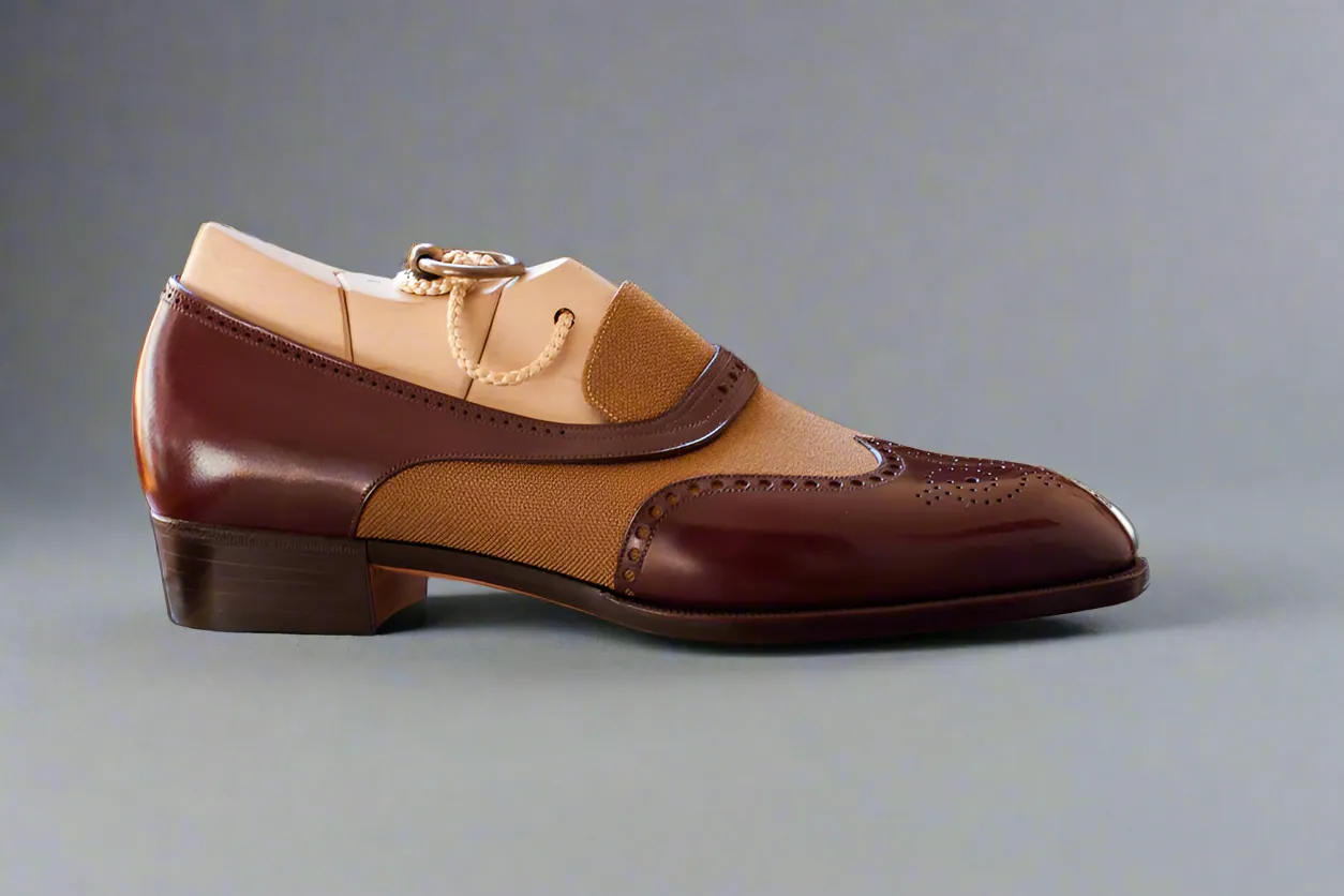 Brown Leather And Beige Ibiza Slip On Crossed Component Wingtip Loafers - Loafers