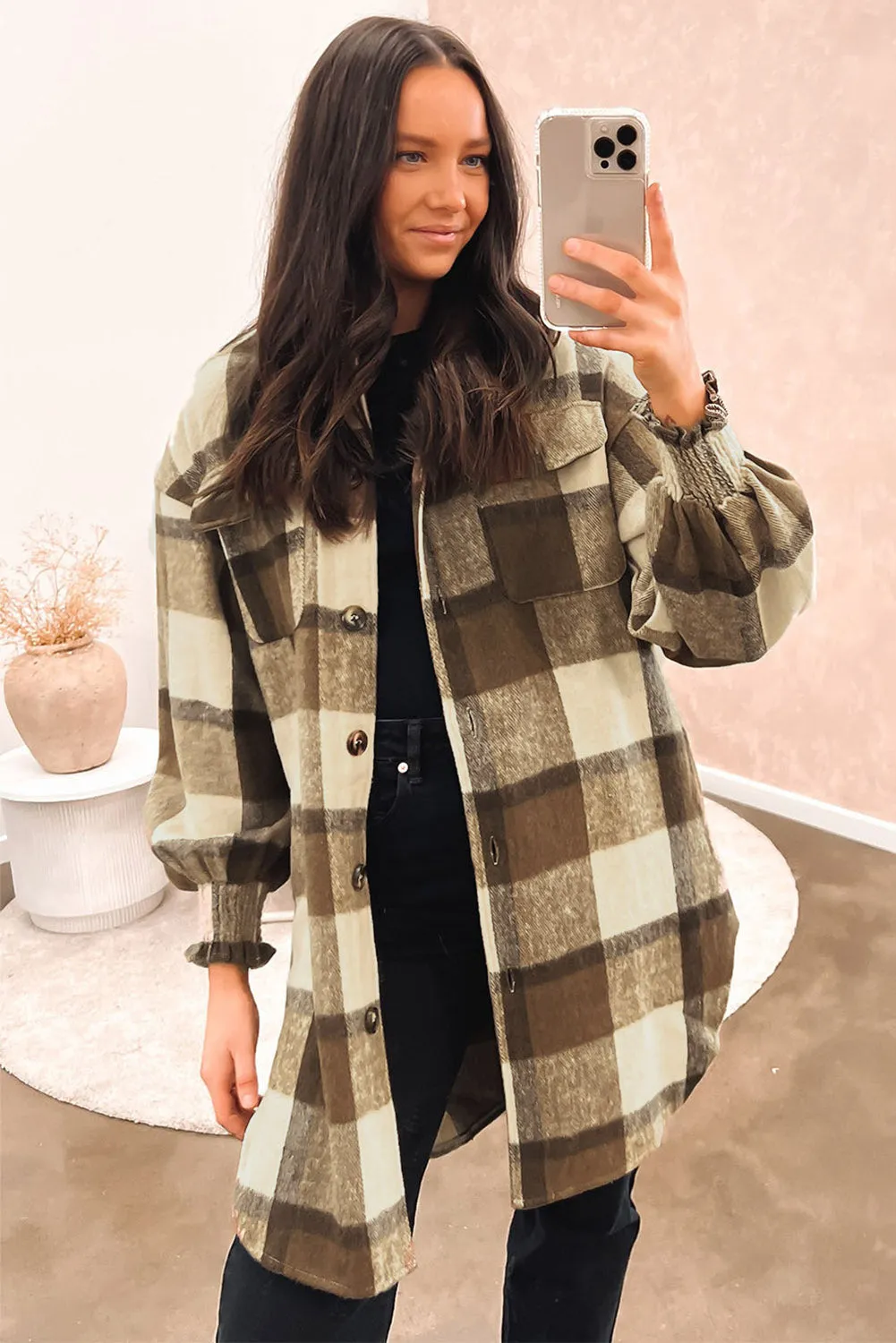 Brown Plaid Flap Pocket Smocked Cuff Shacket