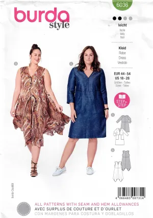 Burda Style 6036 PLUS Size Womens Flared Dresses Out Of Print Sewing Pattern Sizes 18 - 28 UNCUT Factory Folded