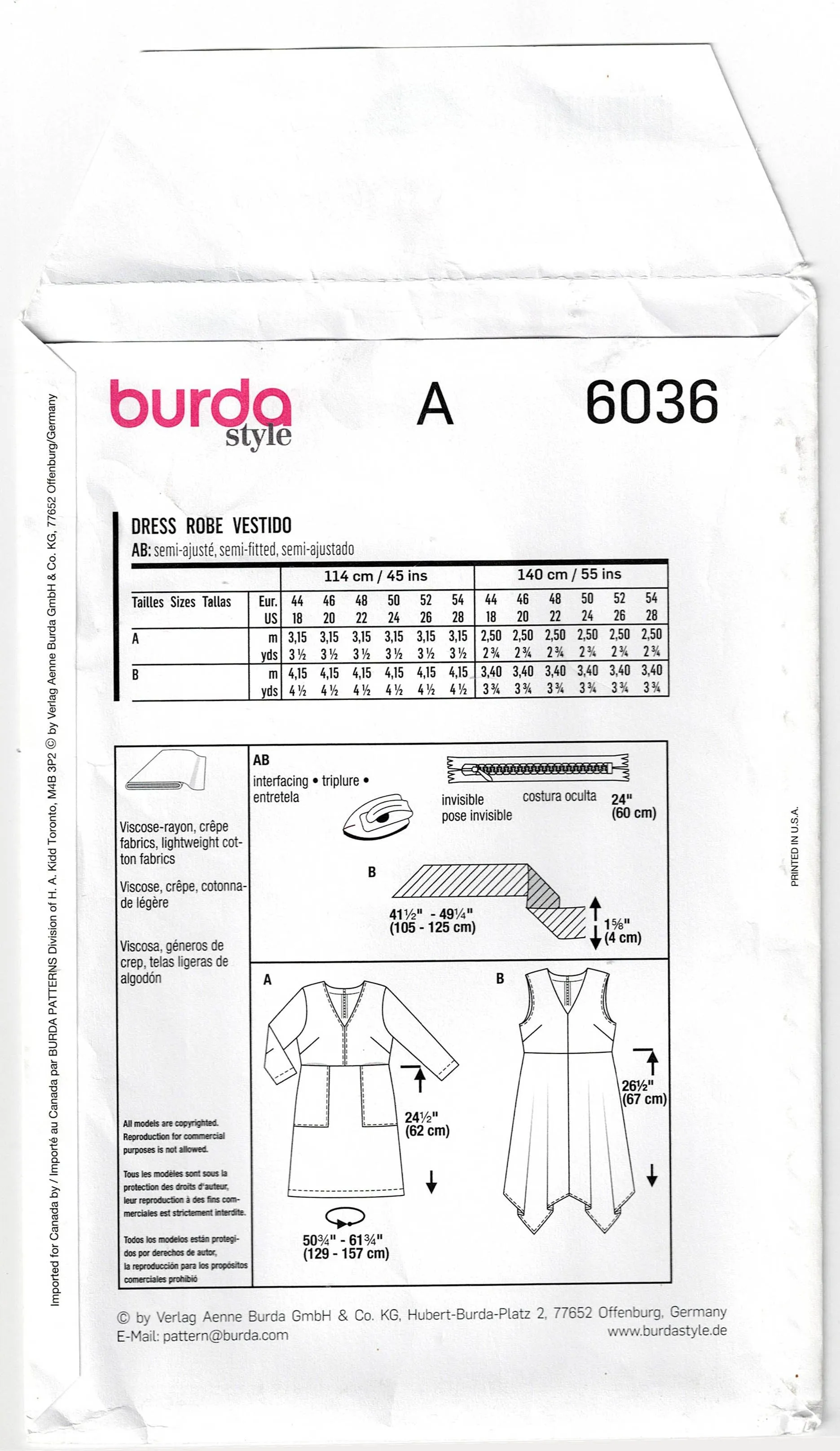 Burda Style 6036 PLUS Size Womens Flared Dresses Out Of Print Sewing Pattern Sizes 18 - 28 UNCUT Factory Folded