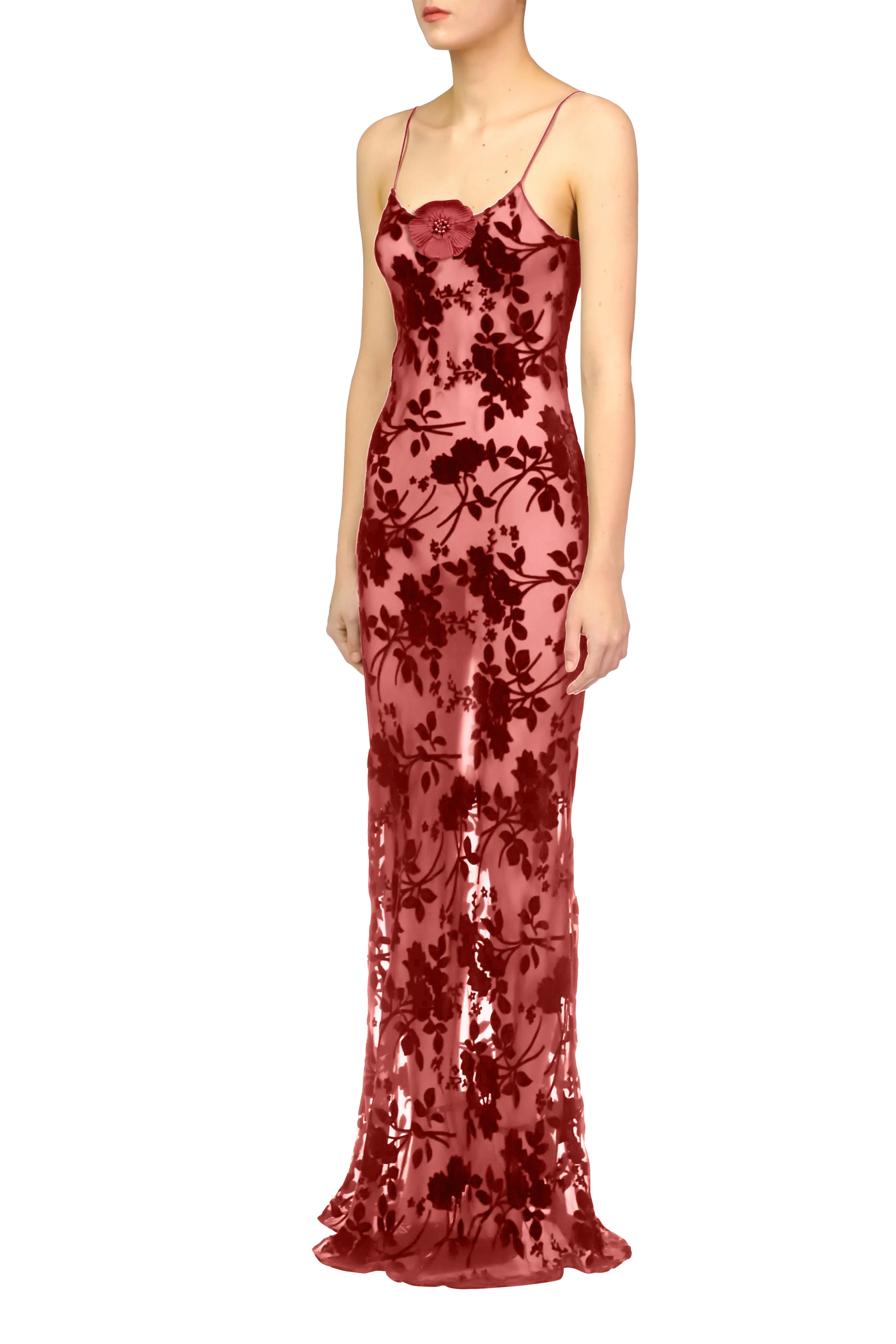 Burgundy Burnout Velvet Slip With Silk Flower Pin