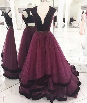Burgundy v neck tulle long prom dress, burgundy evening dress