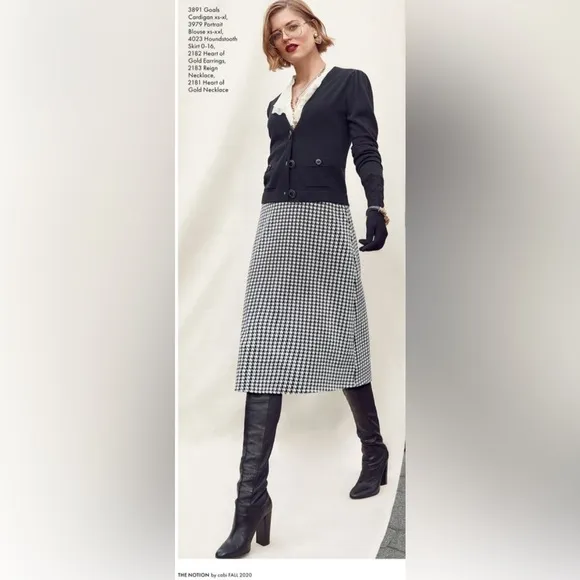 Cabi - 6, black and white houndstooth midi skirt, a line