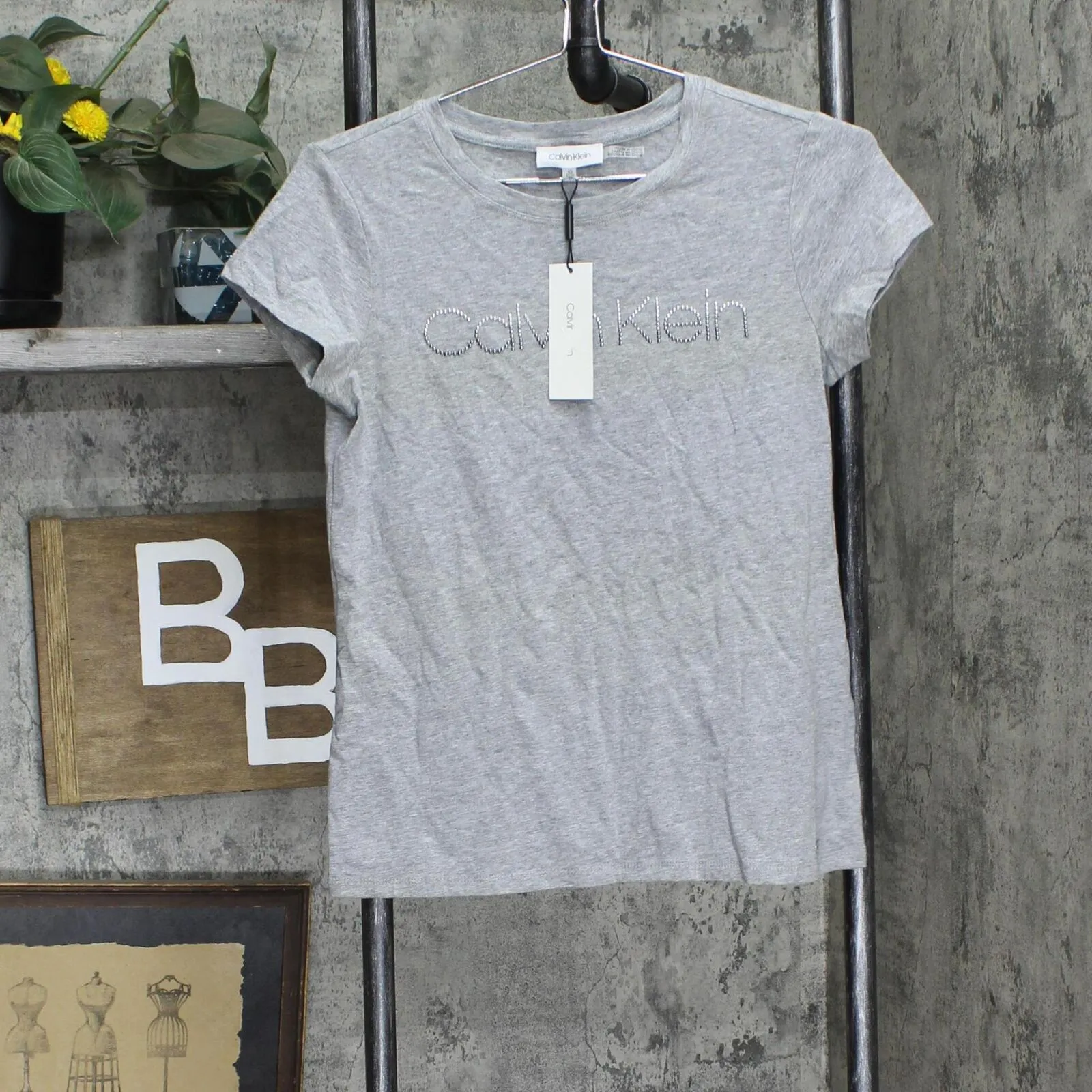 Calvin Klein Gray Embellished Printed Short Sleeve Crew Neck T-Shirt Gray XS