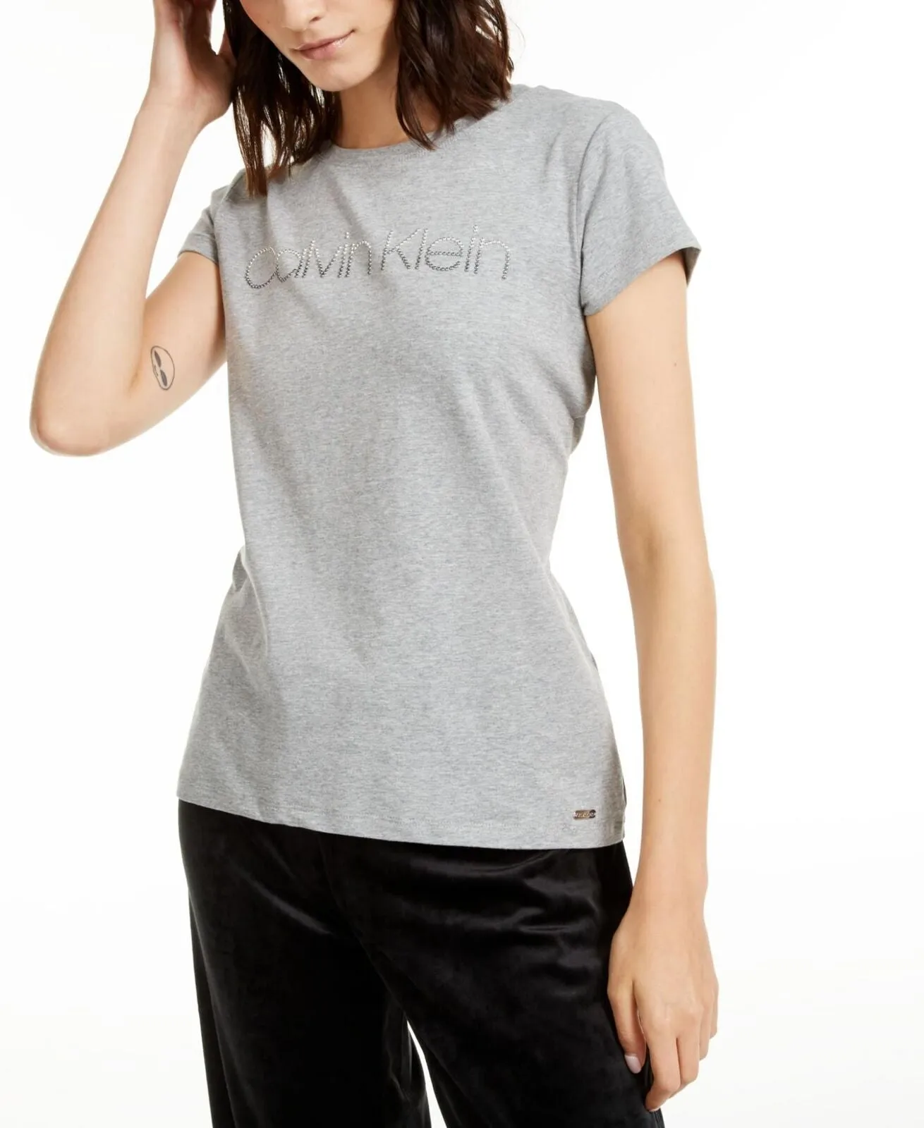 Calvin Klein Gray Embellished Printed Short Sleeve Crew Neck T-Shirt Gray XS