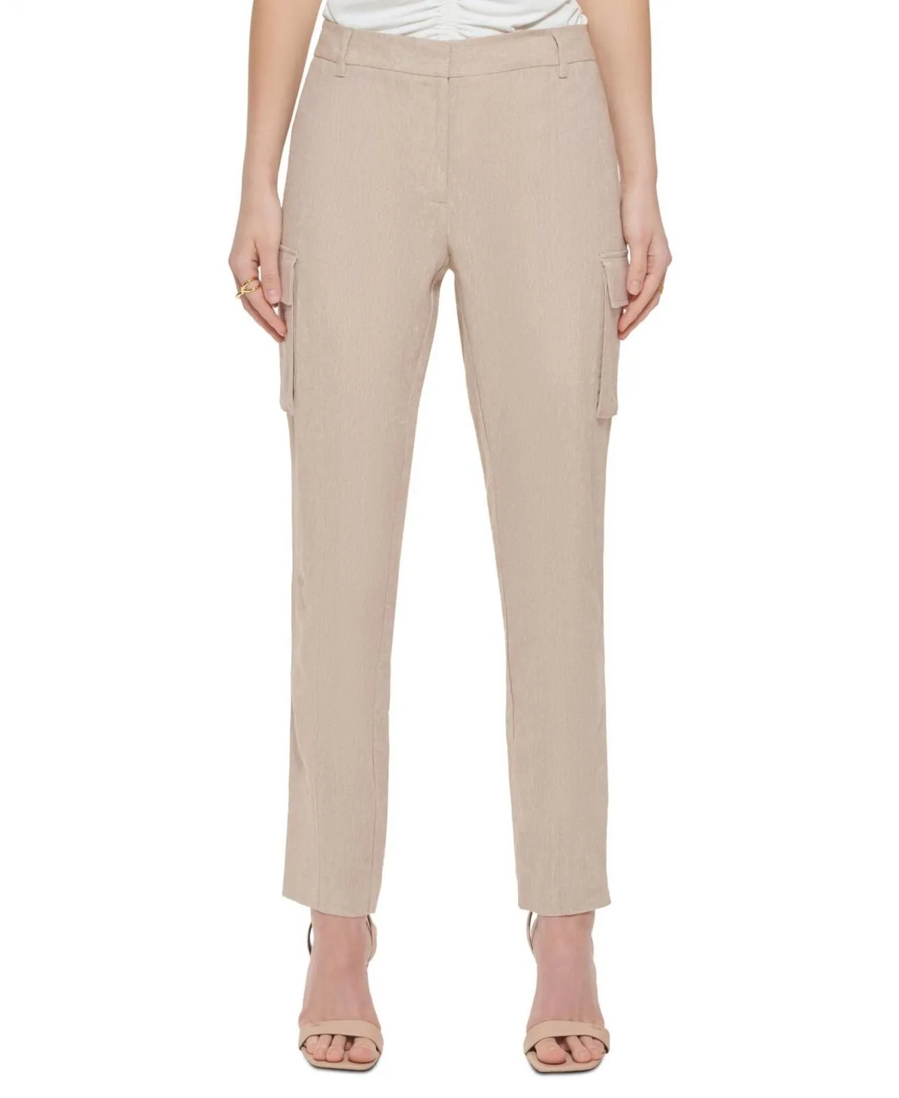 Calvin Klein Womnes Petite Linen-Blend Slim Leg Pants T24P2966
