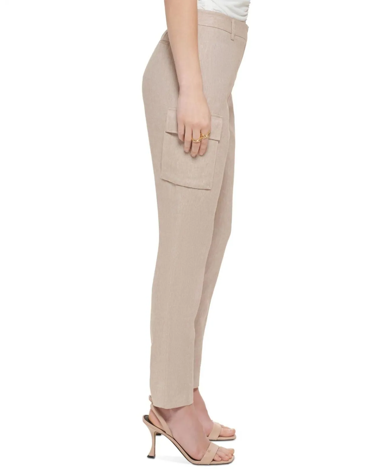 Calvin Klein Womnes Petite Linen-Blend Slim Leg Pants T24P2966