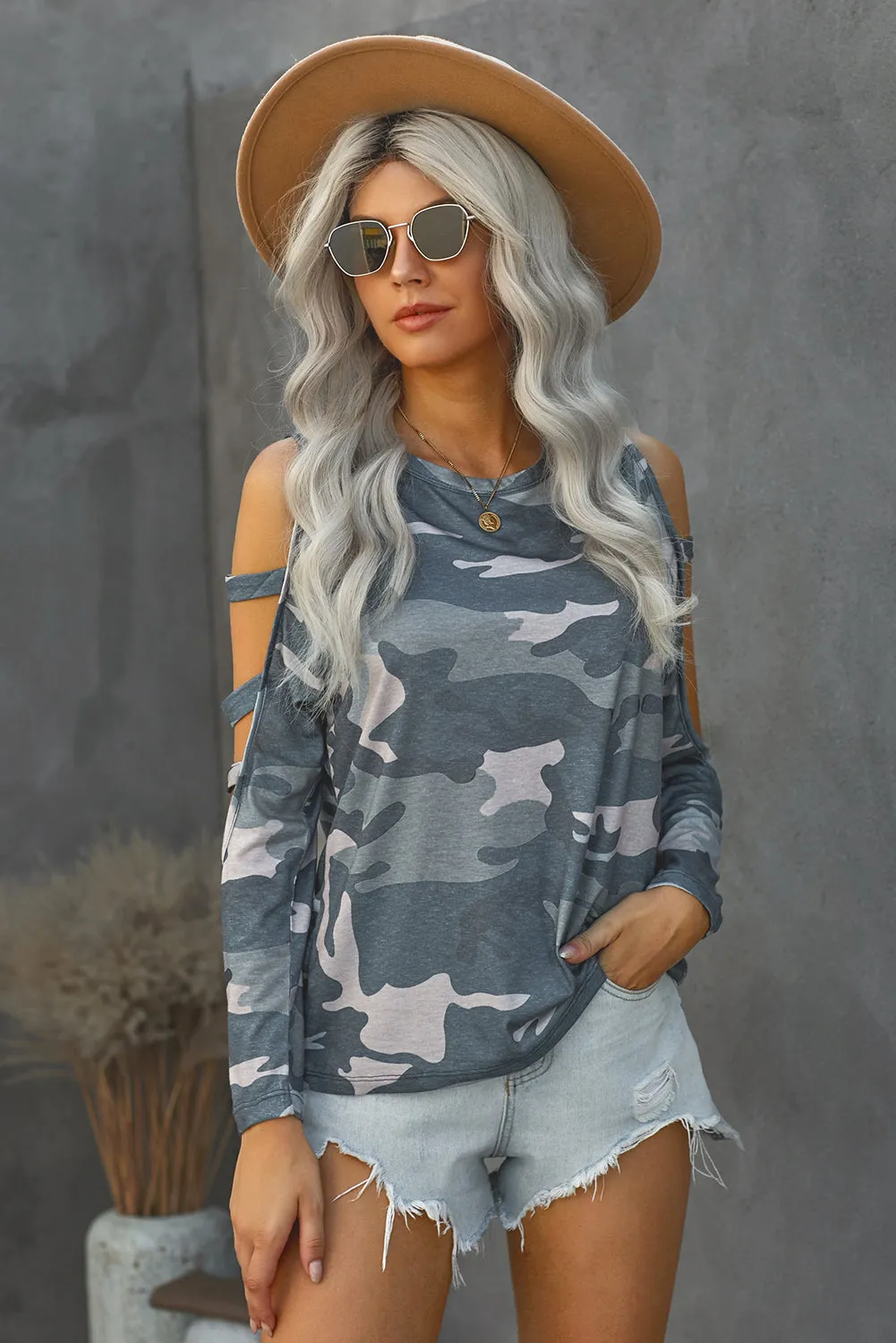 Camouflage Shoulder To Hollow Out Long Sleeve Top
