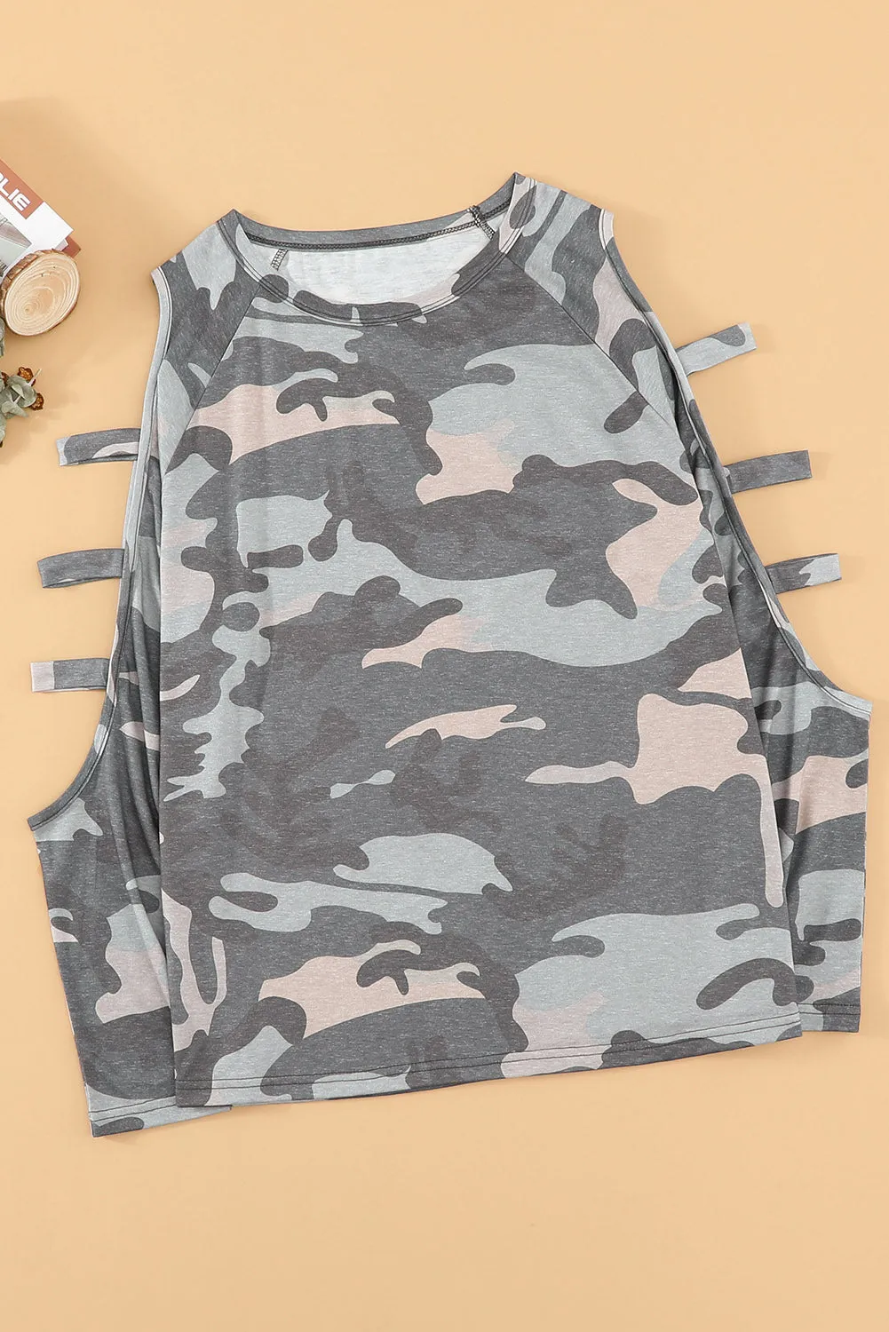 Camouflage Shoulder To Hollow Out Long Sleeve Top