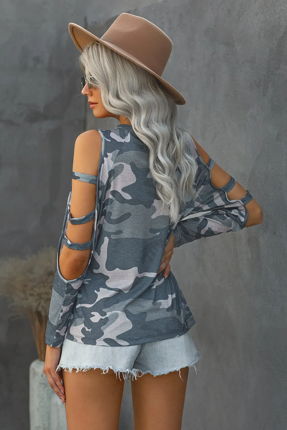 Camouflage Shoulder To Hollow Out Long Sleeve Top