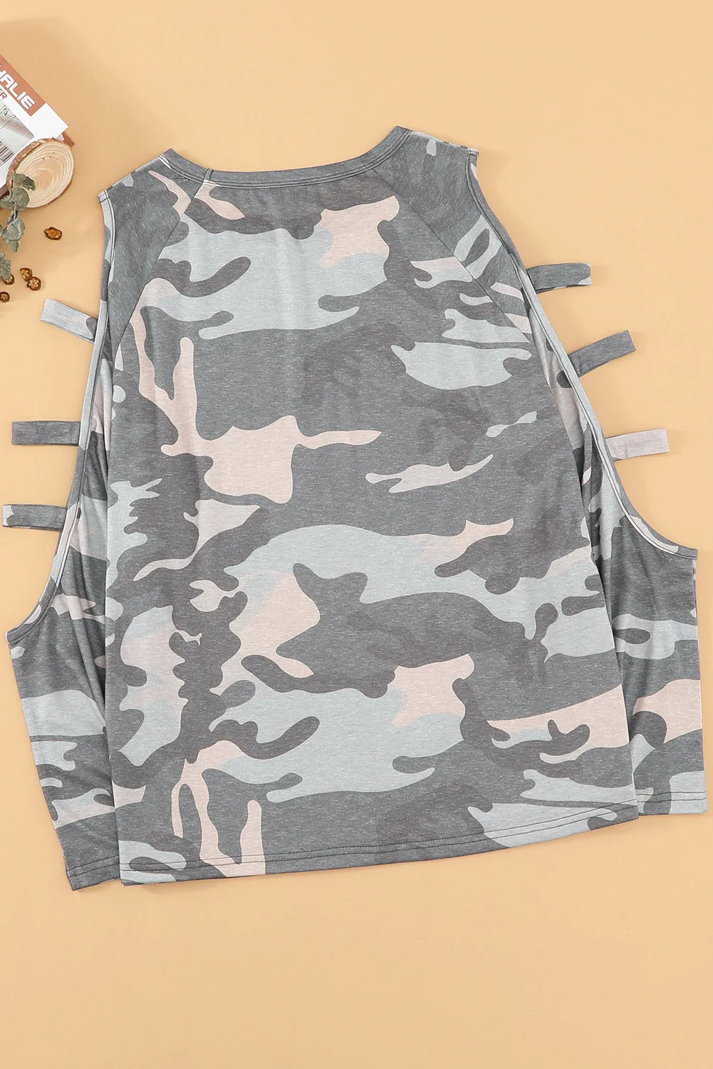 Camouflage Shoulder To Hollow Out Long Sleeve Top
