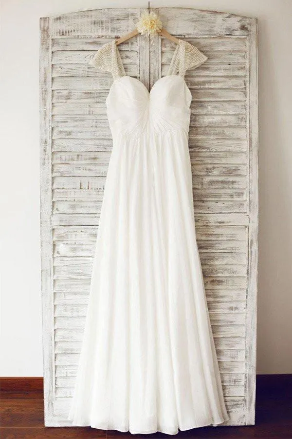 Cap Sleeve Elegant Sea Beach Cheap Chiffon Wedding Dresses With Beading, WD0176