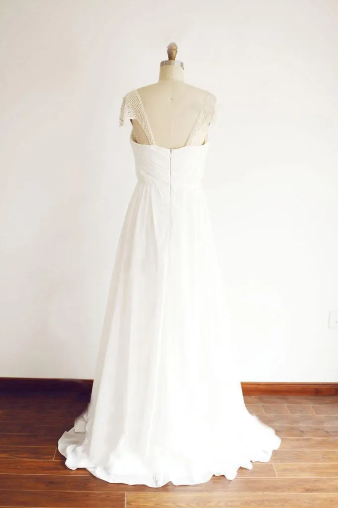 Cap Sleeve Elegant Sea Beach Cheap Chiffon Wedding Dresses With Beading, WD0176