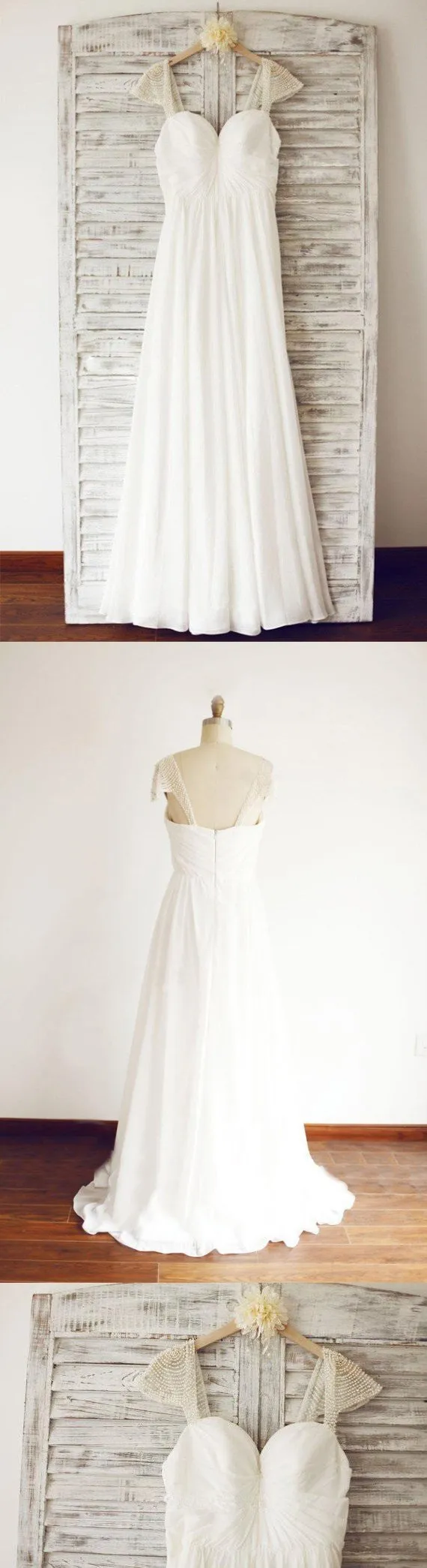 Cap Sleeve Elegant Sea Beach Cheap Chiffon Wedding Dresses With Beading, WD0176