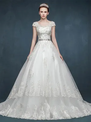 Cap Sleeves Lace A-line Wedding Dress with V Neck