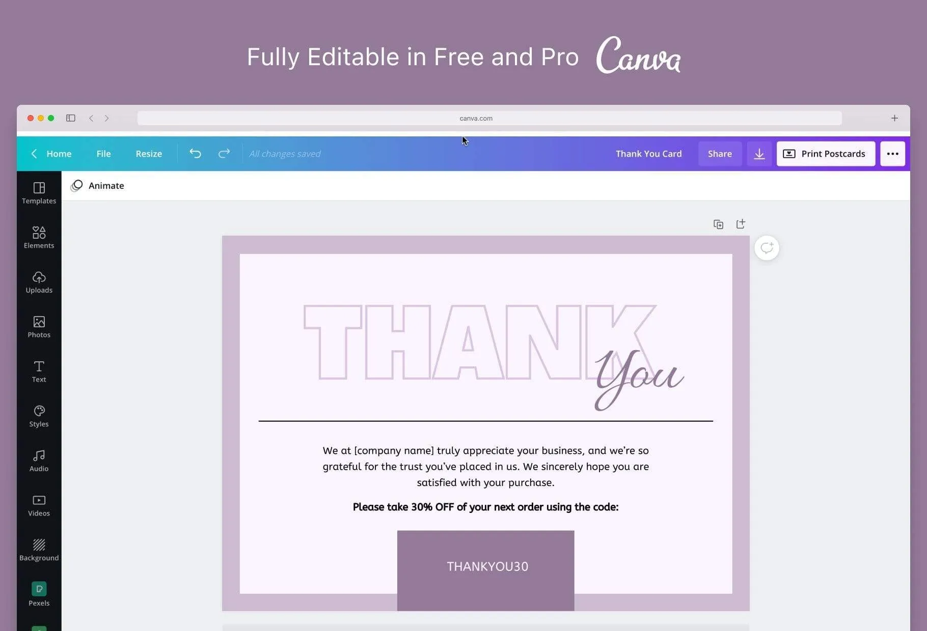 Caroline Printable Thank You Card Packaging Insert Note Canva Template