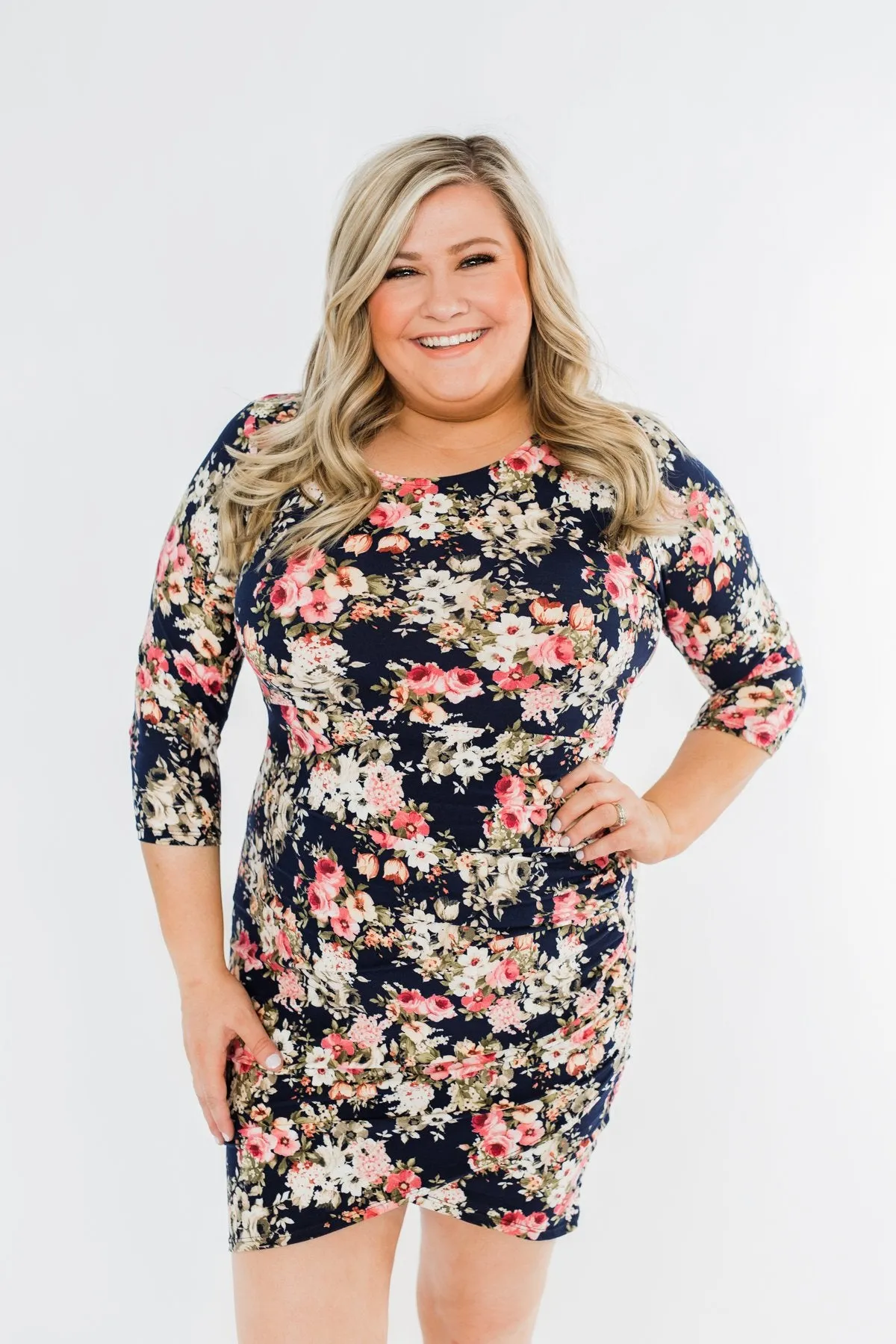 Caught Up In A Romance Floral Dress- Navy