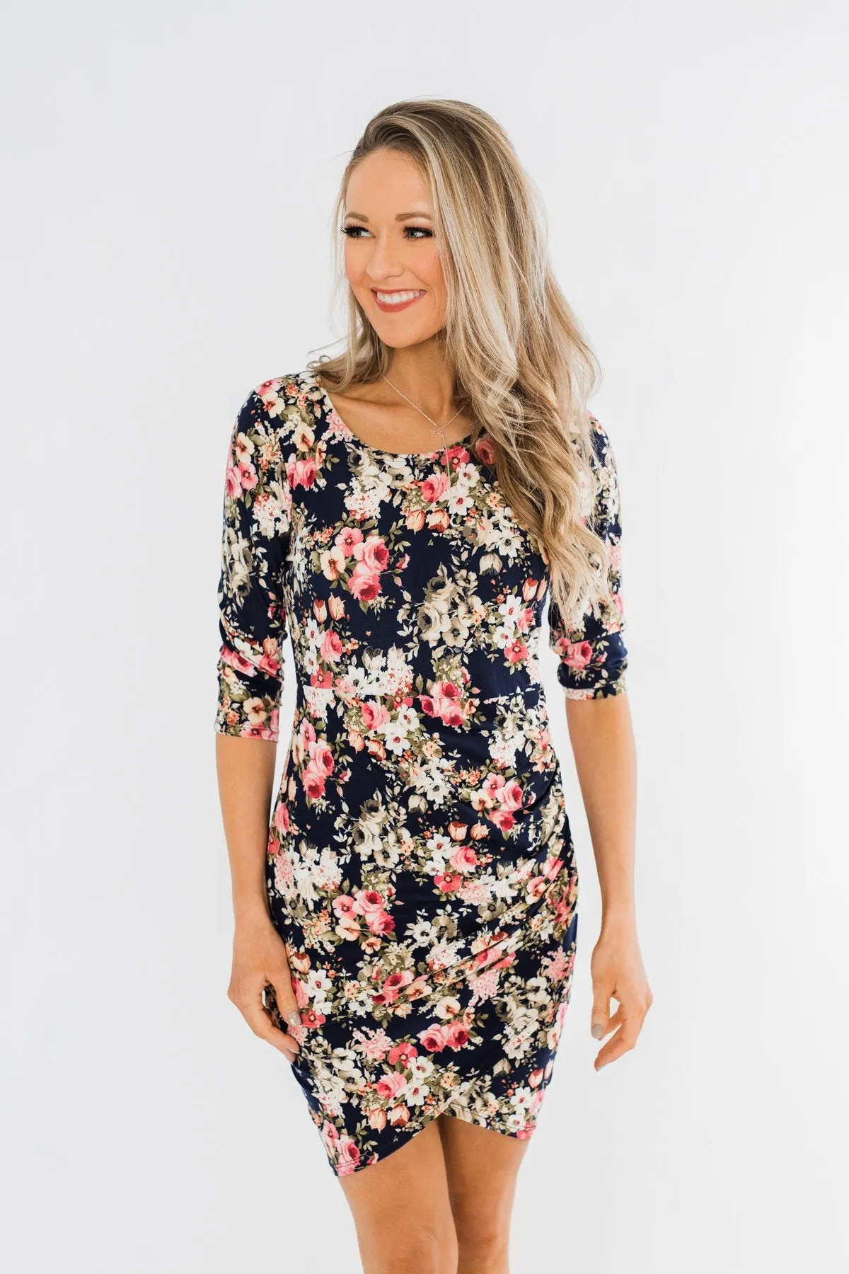 Caught Up In A Romance Floral Dress- Navy