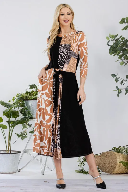 Celeste Full Size Multi Pattern Front Tie Midi Dress Plus Size