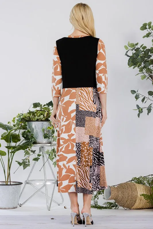 Celeste Full Size Multi Pattern Front Tie Midi Dress Plus Size