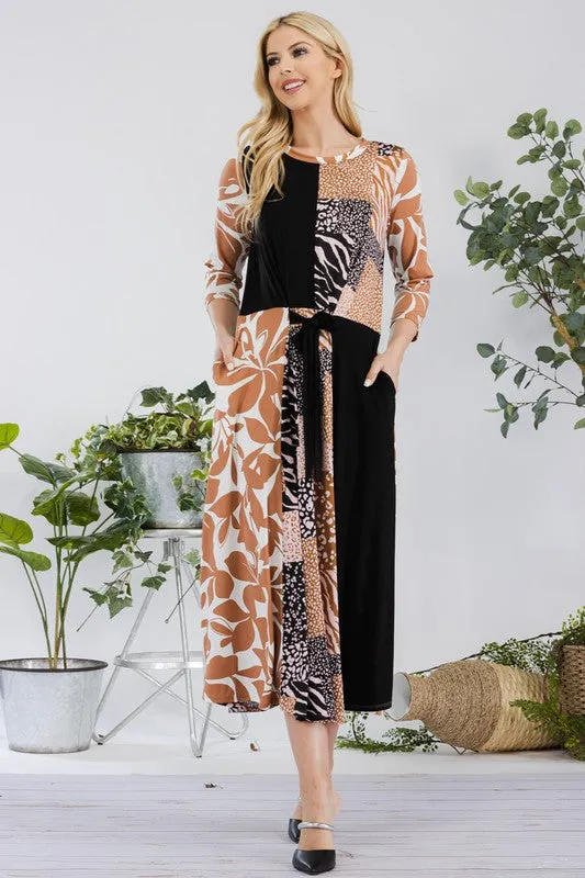 Celeste Full Size Multi Pattern Front Tie Midi Dress Plus Size