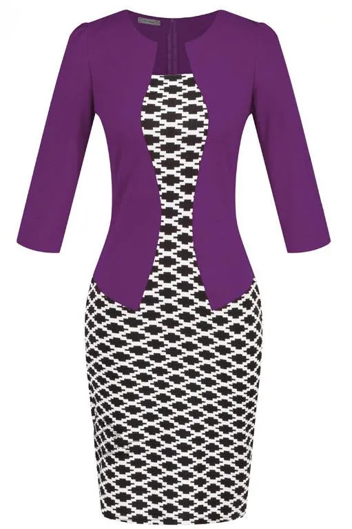 Celino Ladies Office Wear Formal Printed Plaid Purple Mini Pencil Dress