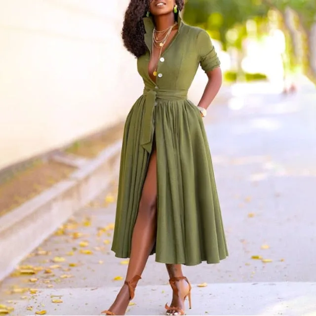 Celmia Elegant Women Midi Dress 2021 Autumn Long Sleeve Vintage Buttons Shirt Dress Plus Size Casual Loose Belted Party Vestidos