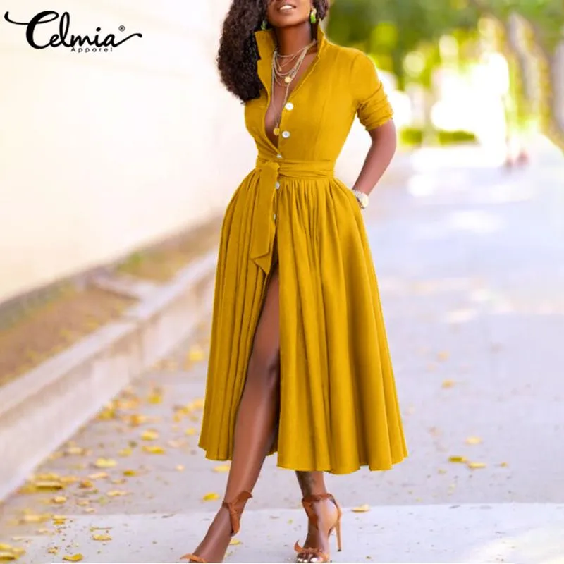 Celmia Elegant Women Midi Dress 2021 Autumn Long Sleeve Vintage Buttons Shirt Dress Plus Size Casual Loose Belted Party Vestidos